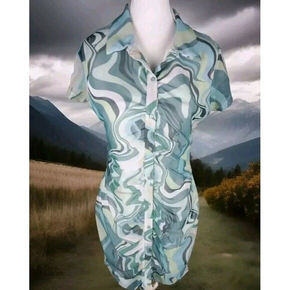 Birch And Stone Y2K Mini Dress Size L Paisley Button Short Sleeve - Picture 1 of 9